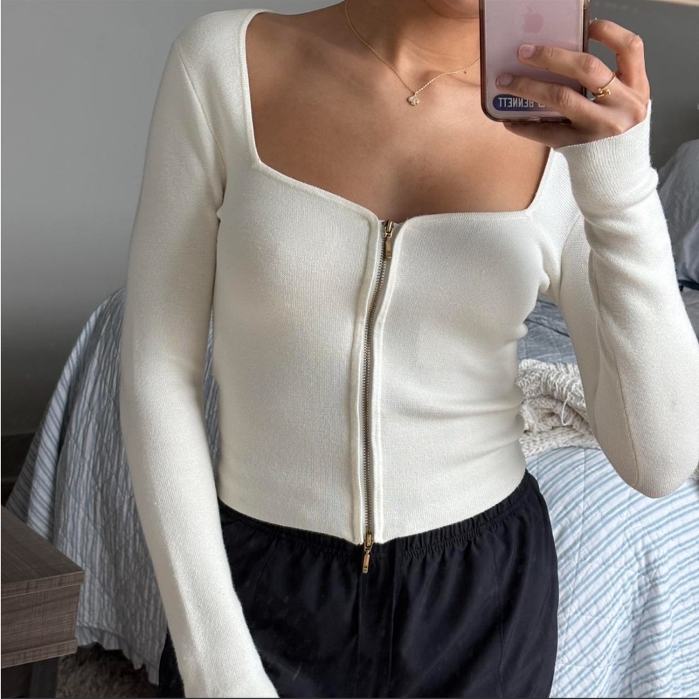 Abercrombie & Fitch Ivory Square Neck Zip-Up Long Sleeve Top